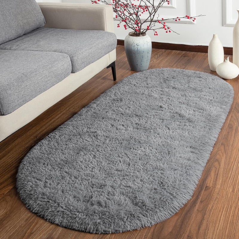 Softlife Fluffy Rugs for Bedroom, Shag Cute Area Rug for Girls and Kids Baby Room Home Decor, 2 x 5 Feet Oval Indoor Carpet for Nursery Dorm Living Room, Grey - Image 3